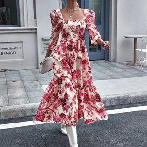 Square Neck Floral Printed Ruffle Hem Dress